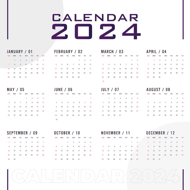 사무실 책상 또는 벽  ⁇ 터에 대한 2024 월 달력 템플릿