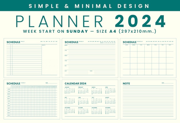 Vettore 2024 modello di pianificatore mensile design semplice e minimale settimana di inizio la domenica dimensione a4