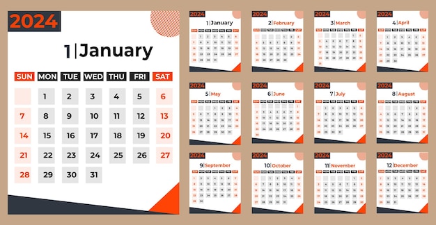 2024 Mothly Calendar Design Week Starts from Sunday 12 months together
