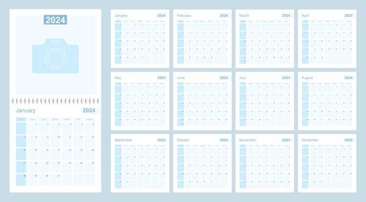 Vector 2024 muurplanner in blauwe kleur week begint op zondag