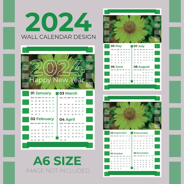 Vettore design del modello di calendario da parete di 3 pagine per il nuovo anno 2024