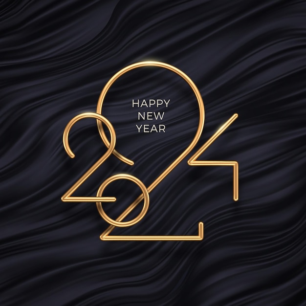 2024 new year gold metal logo New year logo on black waves abstract background