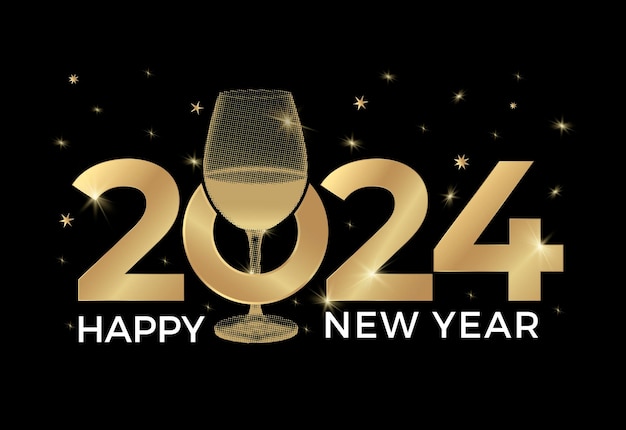 2024 new year greeting card with glass of wine Black background and gold colors