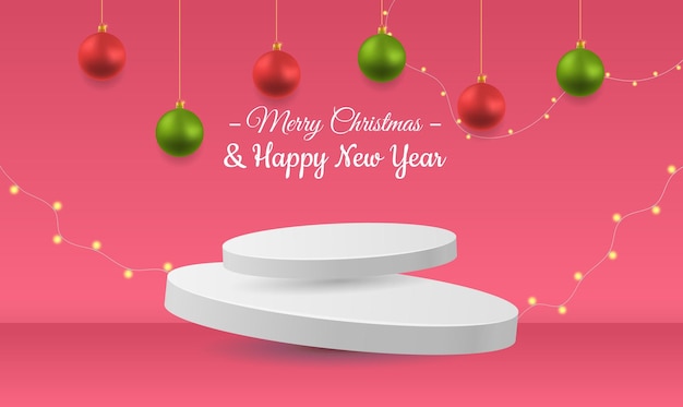 2024 new year red product realistic podium red realistic baubles vector illustration