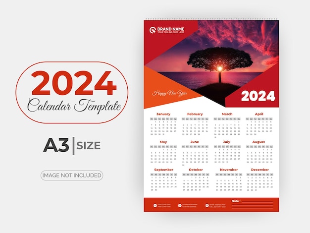 Vettore modello di calendario da parete per capodanno 2024