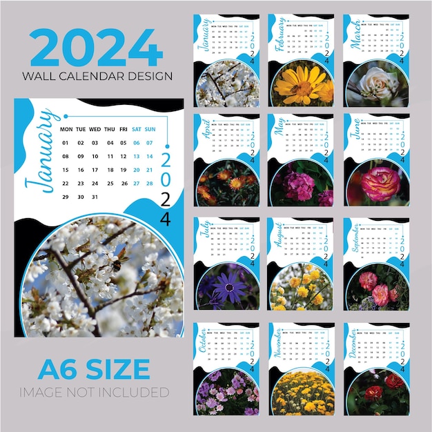 Vector 2024 nieuwjaar muur kalender sjabloonontwerp