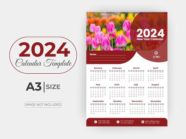 2024 Nieuwjaar muur kalendersjabloon
