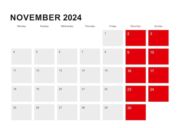 2024 november planner calendar design week starts from monday