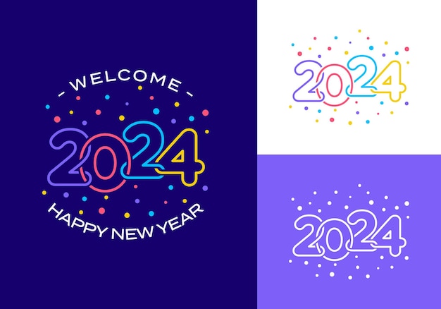 2024 number text happy new year modern line art vector design template