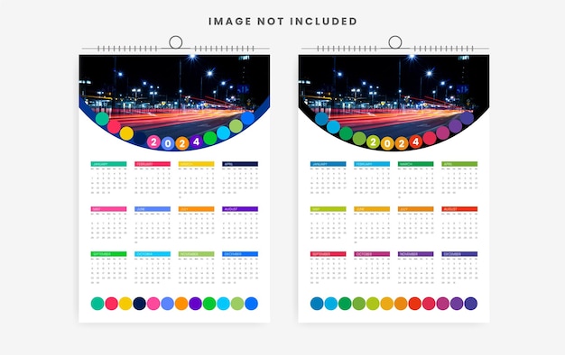 Disegno di modello di calendario a parete colorato di una pagina per il 2024