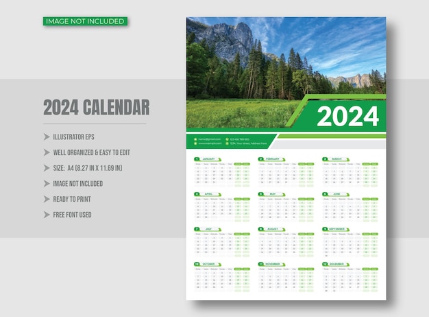 Modello di progettazione del calendario murale aziendale di una pagina per il 2024