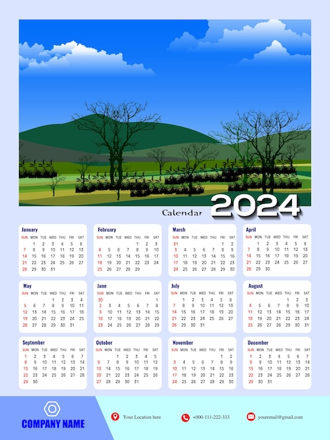 2024 one page wall calendar design template modern 12 months one page calendar wall calendar