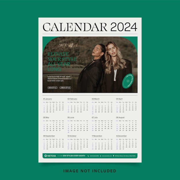 Modello di progettazione del calendario da parete di una pagina per il 2024