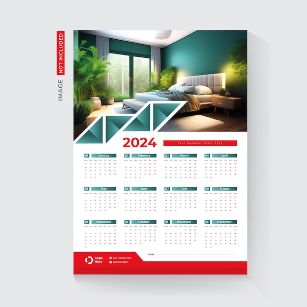 2024 one page wall calendar template design