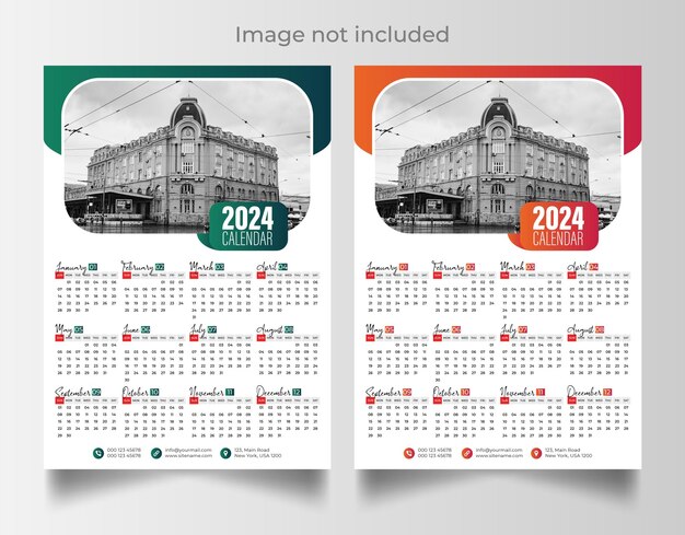 Vettore modello di progettazione del calendario da parete di onepage per il 2024