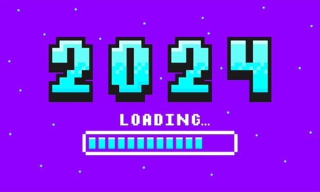 Vettore 2024 pixel art banner per il nuovo anno 2024 numeri in 8bit stile di giochi retrò e barra di caricamento