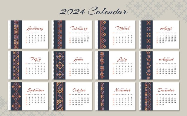 Vector 2024 printable desk calendar templates with cross stitch pattern