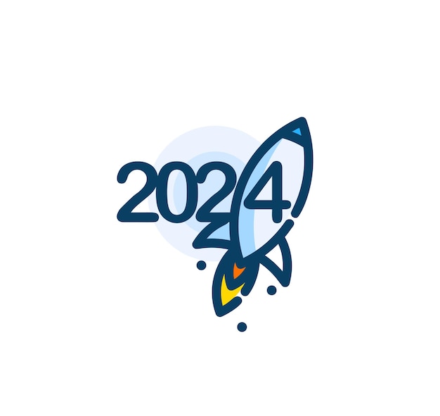 Вектор Празднование запуска ракеты 2024 года в мультяшном стиле. яркий игривый логотип. идеально подходит для новогодних рекламных акций и деловых мероприятий. поздравительные открытки и календари. векторная иллюстрация.