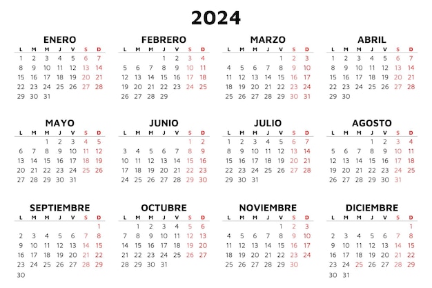 Calendario spagnolo 2024 illustrazione semplice del modello vettoriale in spagna orizzontale pianifica il tuo anno