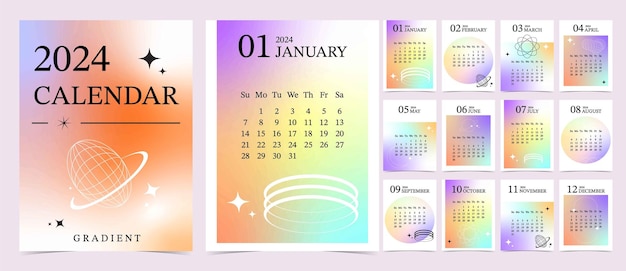 2024 table calendar yearweek start on sunday with gradient style that use for vertical digital and printable A4 A5 size