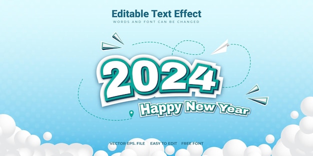 Vector 2024 text effect with clouds and paper planes