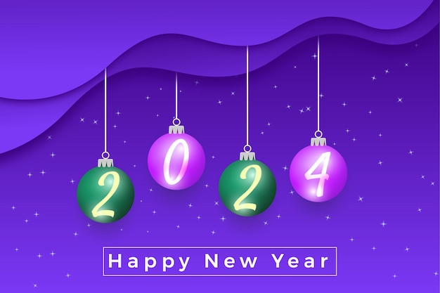 2024 text style with christmas bulb designs and purple background vector