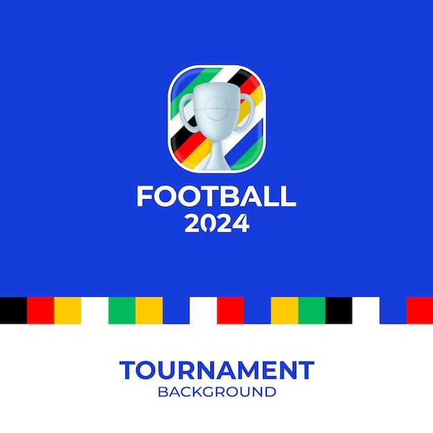 2024 voetbalkampioenschap vector logo. Voetbal of voetbal 2024 logo embleem op niet officiële blauwe achtergrond met land vlag kleurrijke lijnen. Sport voetbal logo met bekertrofee.