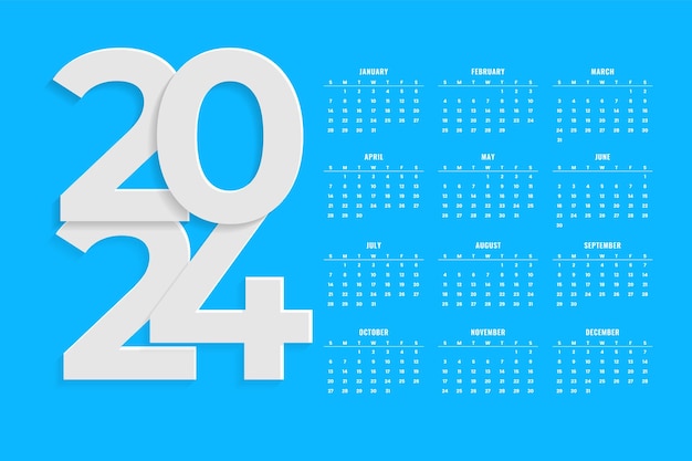 Вектор Синий шаблон настенного календаря на 2024 год с полным вектором дизайна страницы