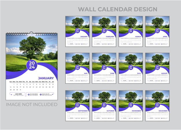 Вектор Настенный календарь 2024 простой дизайн