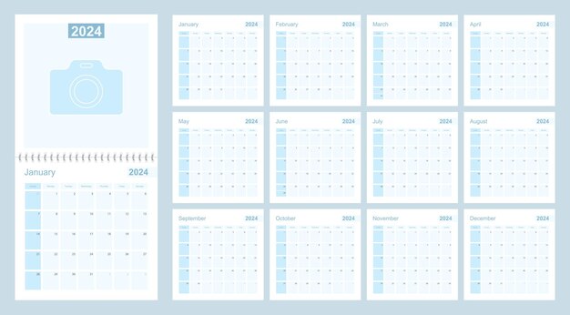 Vector 2024 wall planner in blue color week starts on sunday