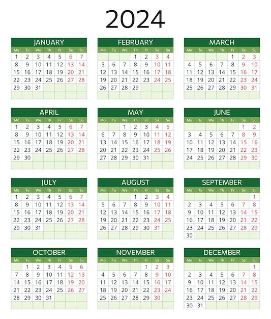 Vector 2024 year calendar english horizontal printable vector illustration plan your year with style