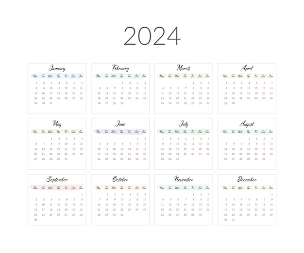 Vettore modello di calendario per l'anno 2024 illustrazione vettoriale