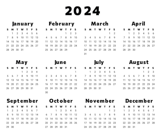 Anno 2024 calendario in inglese a colore nero illustrazione vettoriale stampabile