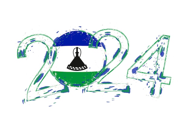 Vector 2024 year in grunge style with flag of lesotho