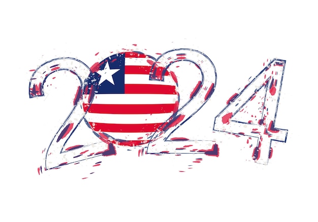 Vector 2024 year in grunge style with flag of liberia