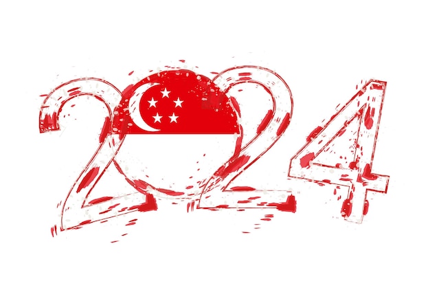 2024 Year in grunge style with flag of Singapore