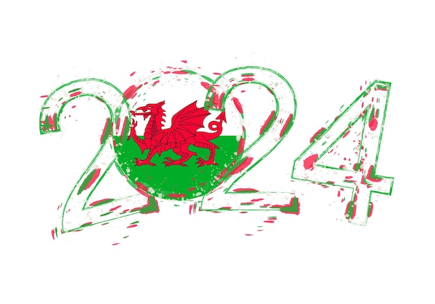 Vector 2024 year in grunge style with flag of wales