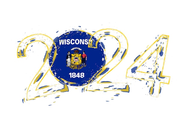 2024 Year in grunge style with flag of Wisconsin