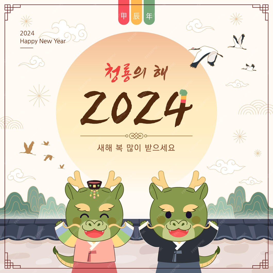 2024년 드래곤의 해 한국 신년을 기념하는 일러스트레이션 프리미엄 벡터