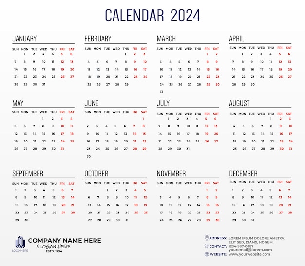 Design del calendario annuale 2024, la settimana inizia da domenica