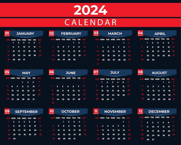 2024 Yearly Calendar Design With Black Red Shade