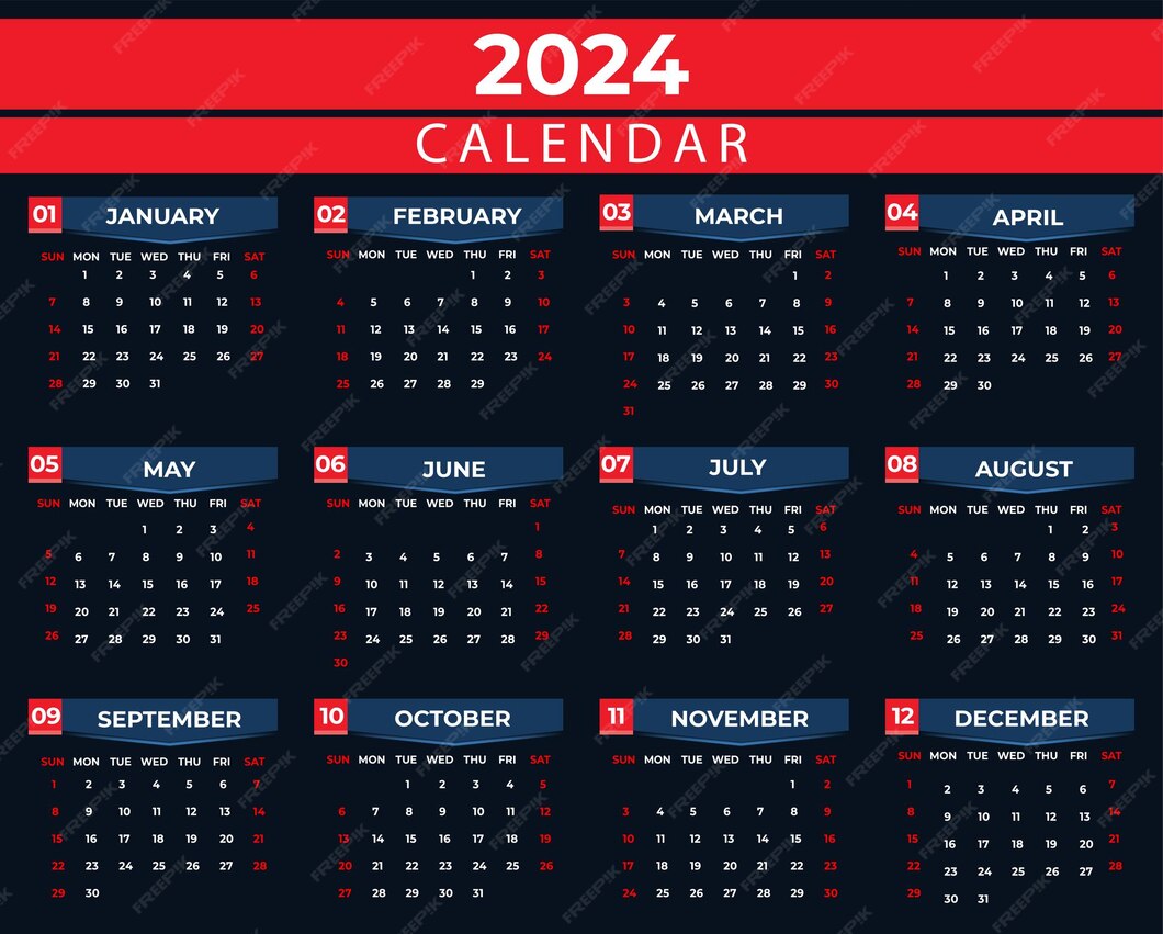 Premium Vector 2024 yearly calendar design with black red shade