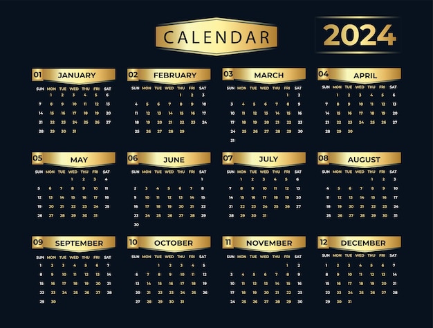 Design del calendario annuale 2024 con aspetto dorato
