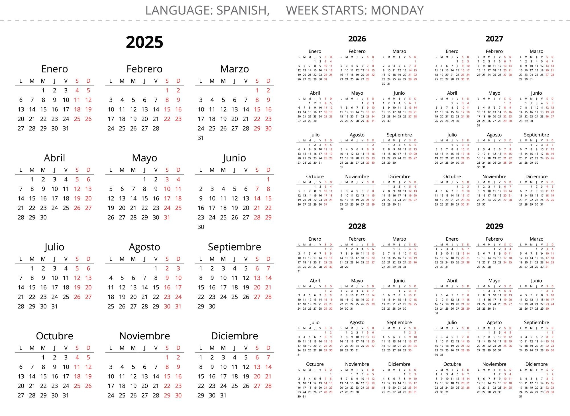 Premium Vector 2025 2026 2027 2028 2029 vertical spanish year calendars Printable vector