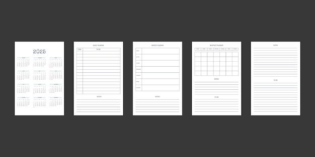 Календарь на 2025 год и ежедневный еженедельный ежемесячный шаблон дневника личного планировщика в классическом строгом стиле