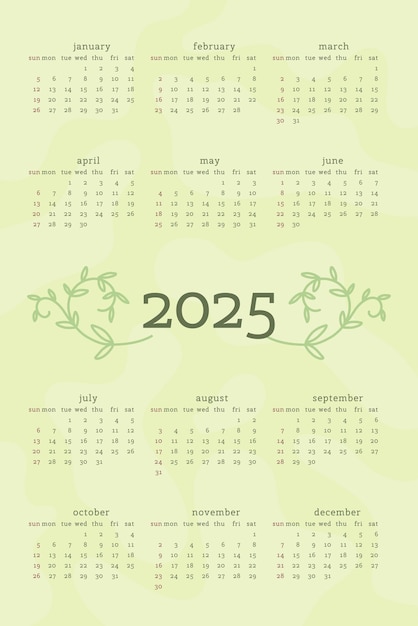 2025 calendar in delicate natural trendy style decorated with botanical floral hand drawn branch leaves vertical format light pastel green color week starts on Sunday