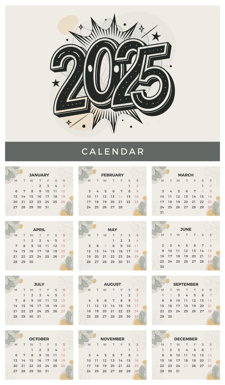 Vector 2025 calendar floral design printable template