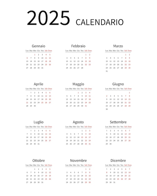 Vector 2025 calendar minimalist on italian language with italian holidays week start on monday vector