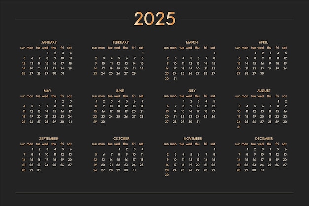 Calendario 2025 per agenda personale diario quaderno oro su nero stile ricco di lusso formato orizzontale orizzontale la settimana inizia la domenica