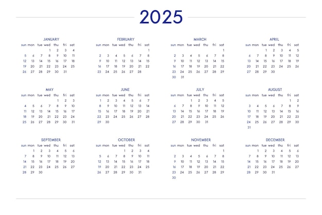 2025 calendar set in classic strict style wall table calendar schedule minimal restrained business design for notebook and planner Week starts on sunday